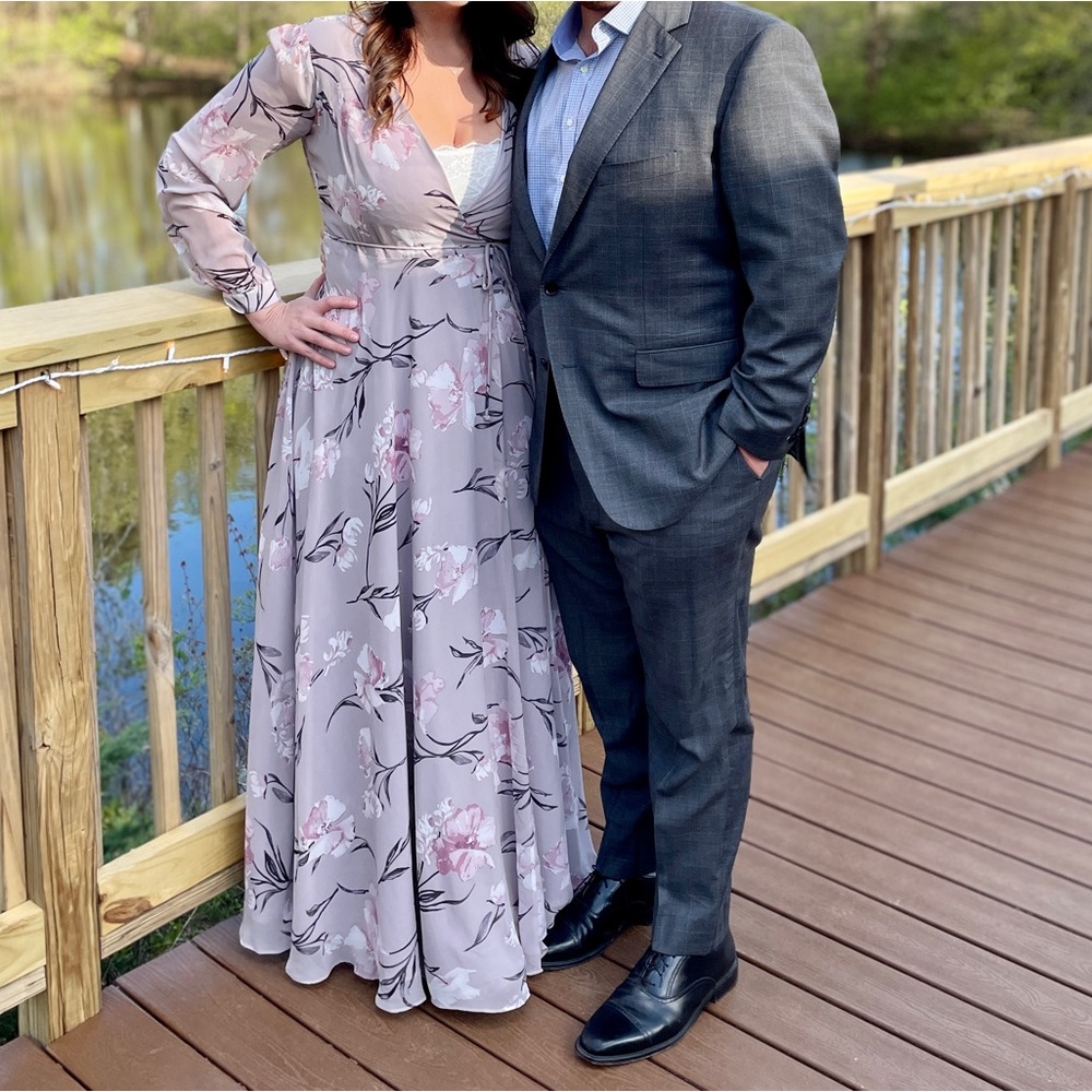 Lulu's Pink and Gray Wrap Plunge Neck Bishop Sleeve Gown